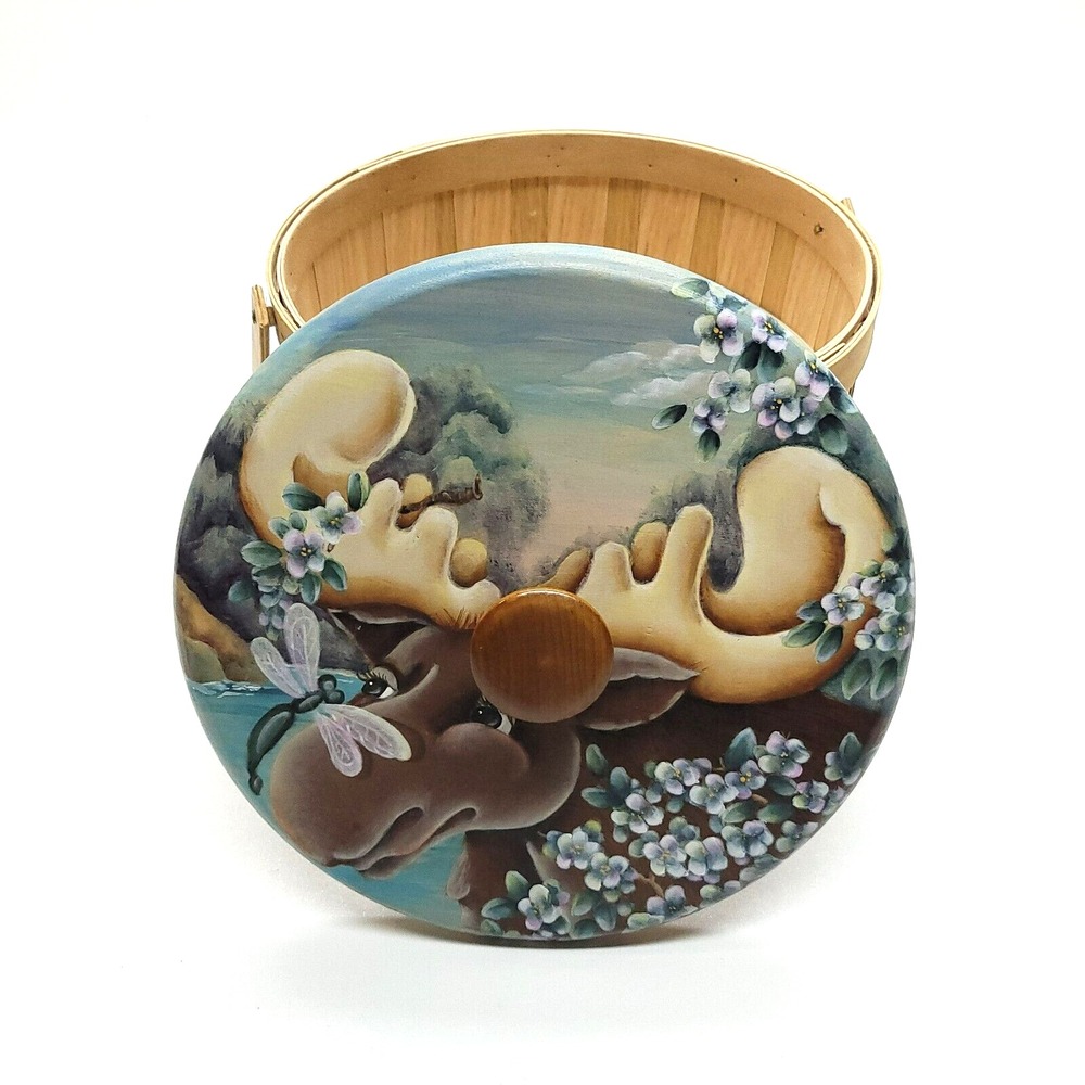 Pesky Bear Basket Wood Lid Moose Dragonfly Hand-Painted Toni Keskey Handmade